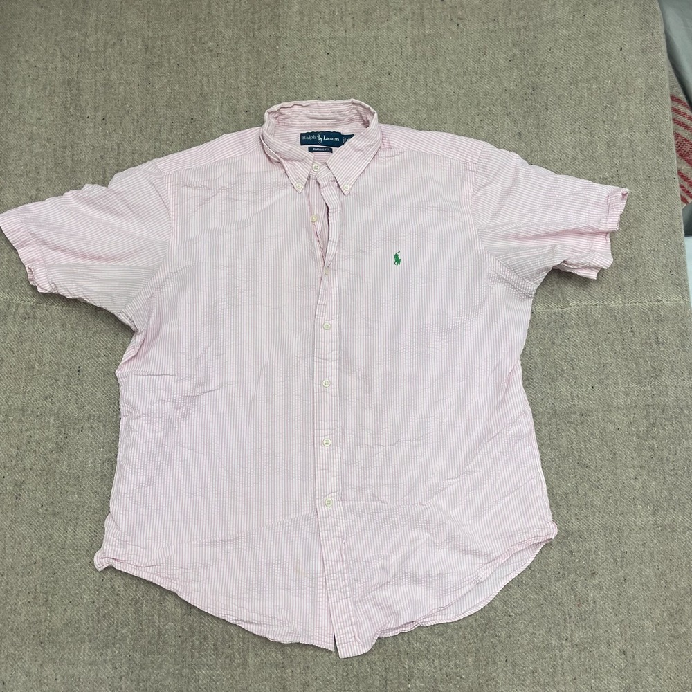 vintage ralph lauren polo shirt mens xl pink 1990s striped button up shortsleeve